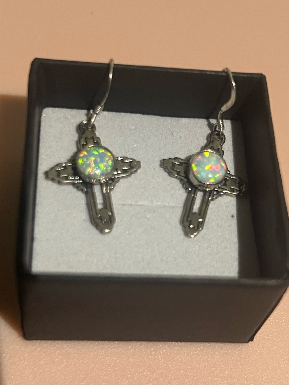 Silver-Tone Cross Drop Earrings with Iridescent Opal Accent